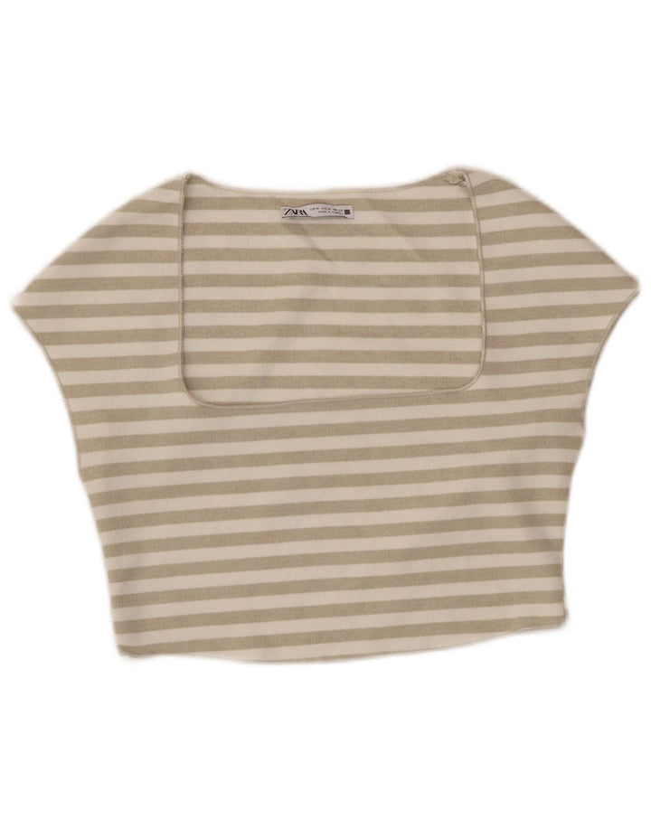 ZARA Femme Crop Top UK 12 Medium Off White Rayé