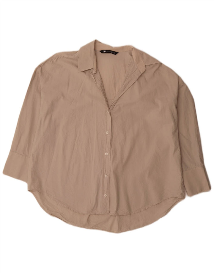 Zara Chemise surdimensionnée à manches 3/4 pour femme UK 14 Coton beige moyen