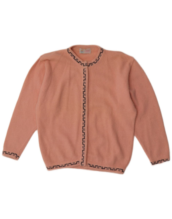 vintage Womens Cardigan Sweater UK 14 Grande laine géométrique rose