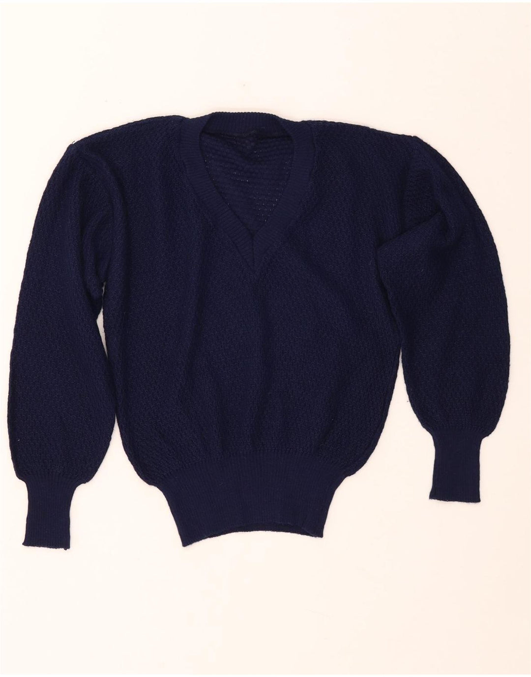 VINTAGE Femme Col V Pull Pull IT 46 Grand Bleu Marine Acrylique