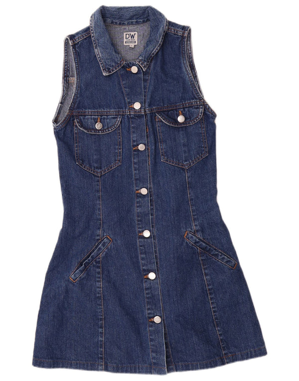 VINTAGE Robe en denim sans manches pour femmes UK 12 Bleu moyen