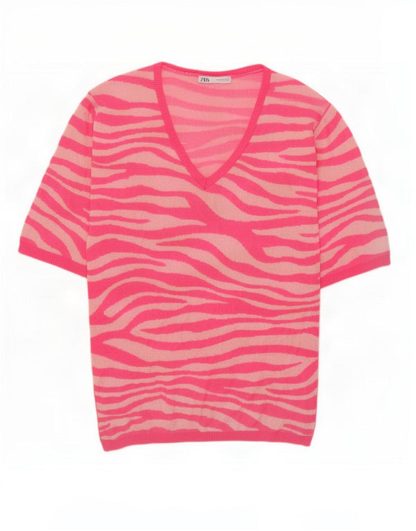 Zara Pull col V pour femme UK 14 Rose moyen imprimé animal