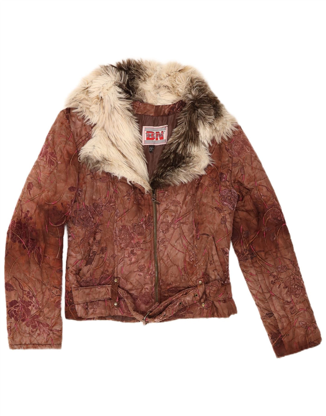Veste matelassée femme vintage UK 10 Petit Brun Floral