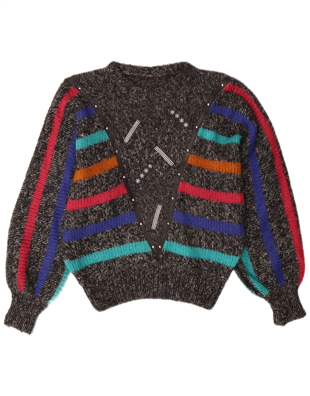 VINTAGE Femmes Batwing Crew Neck Jumper Pull UK 14 Gris Moyen Rayé