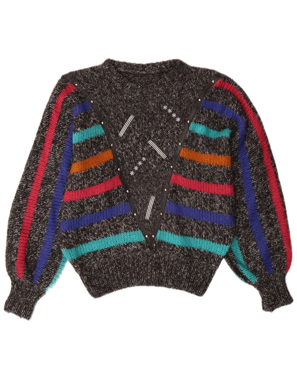 VINTAGE Femmes Batwing Crew Neck Jumper Pull UK 14 Gris Moyen Rayé