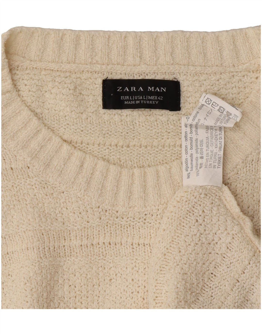 ZARA Mens Crew Neck Jumper Sweater Large Beige Cotton Vintage Zara and Second-Hand Zara from Messina Hembry 