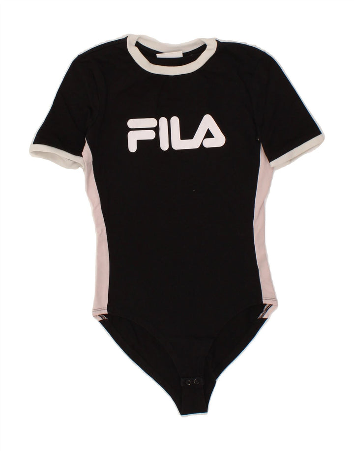 FILA Womens Graphic Bodysuit UK 8 Small  Black Colourblock Cotton Vintage Fila and Second-Hand Fila from Messina Hembry 