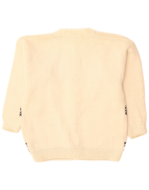 VINTAGE Femme Graphique Cardigan Pull UK 16 Grande Laine Blanc Cassé
