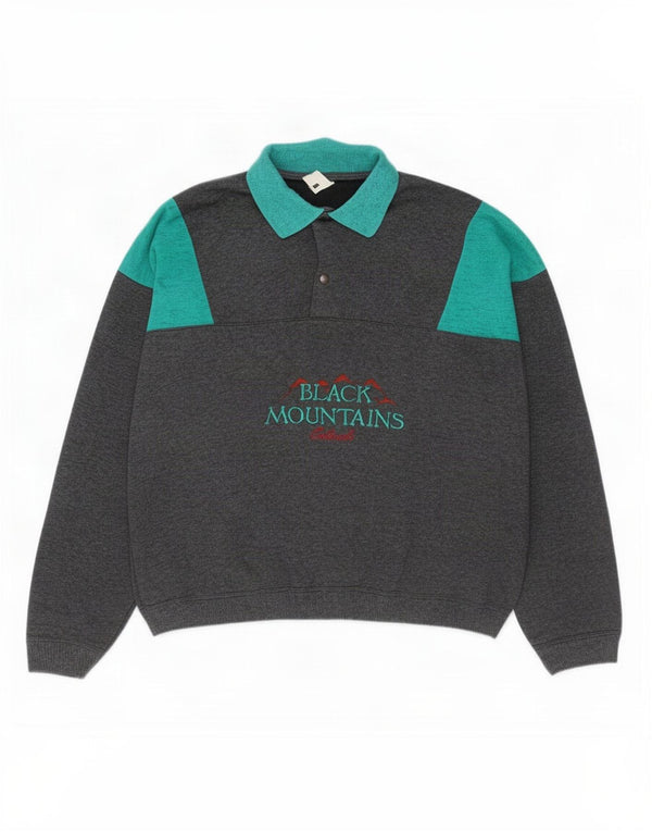Vintage Mens Graphic Polo Neck Sweatshirt Jumper 2XL Gris Colorblock