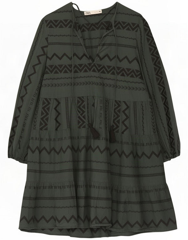 Zara Robe à manches longues pour femme UK 10 Petit Chevron vert