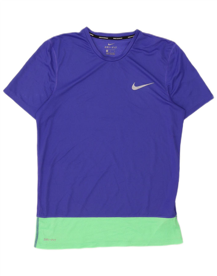 Nike Womens Dri Fit T-Shirt Top UK 14 Bleu Moyen Colorblock Polyester
