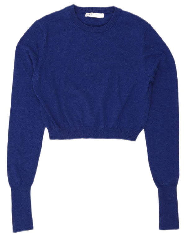 Zara Pull court à col rond pour femme UK 12 Bleu moyen