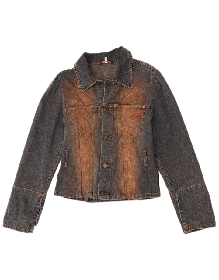 Veste en denim femme vintage UK 10 Petit coton colorblock bleu