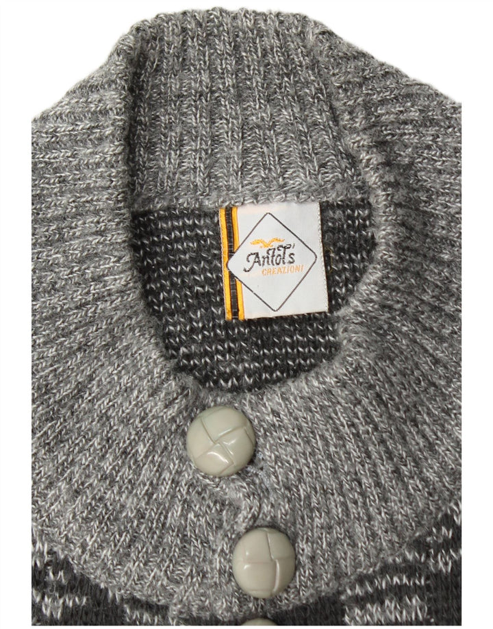 vintage Mens Cardigan Pull Moyen Gris Géométrique Acrylique