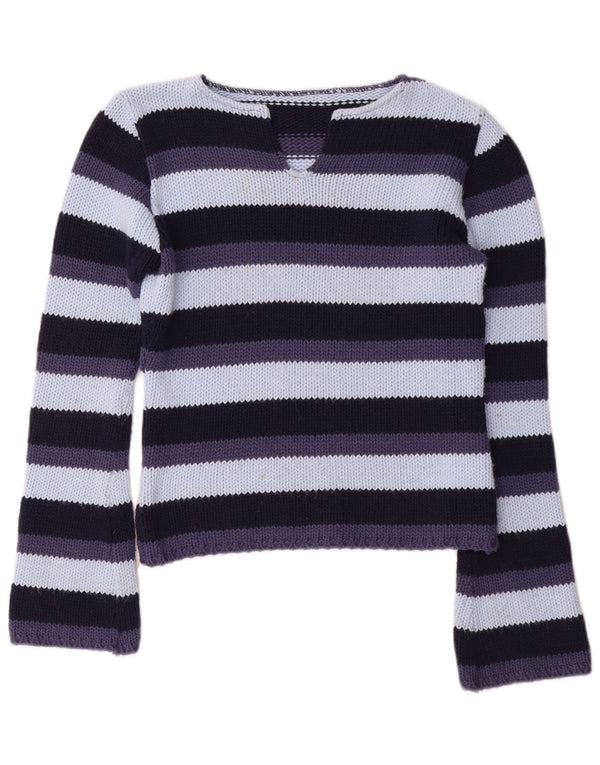 vintage Femme V-Col Jumper Pull UK 12 Moyen Multicolore Rayé