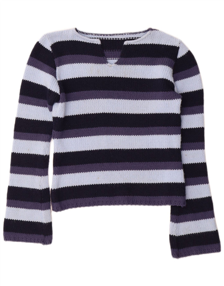 vintage Femme V-Col Jumper Pull UK 12 Moyen Multicolore Rayé