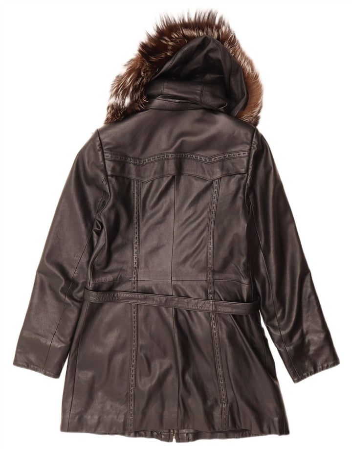 manteau en cuir à capuche femme vintage UK 14 Noir Moyen
