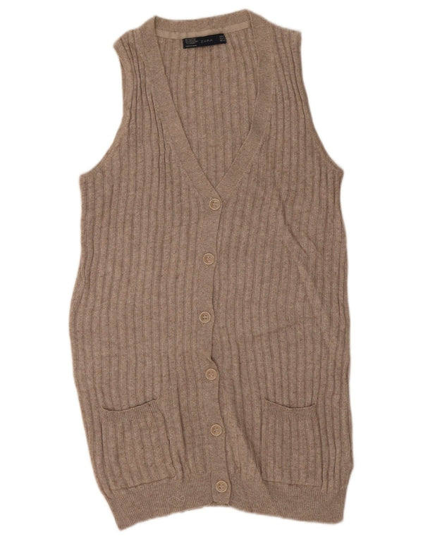 Zara Cardigan long sans manches pour femme UK 14 en coton beige moyen