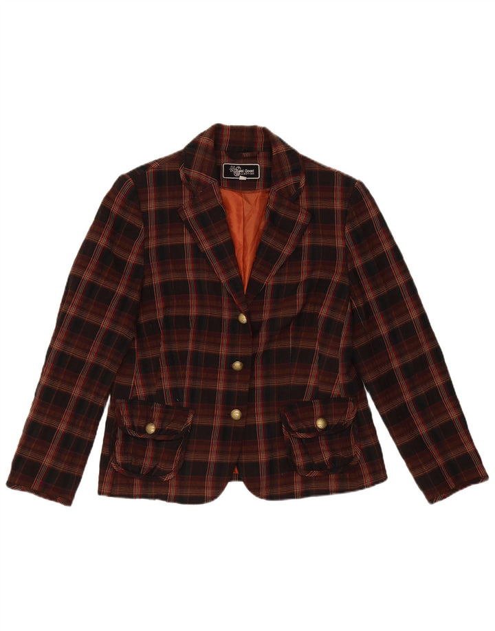 vintage Femme 3 Bouton Blazer Veste EU 40 Medium Brown Check Polyester