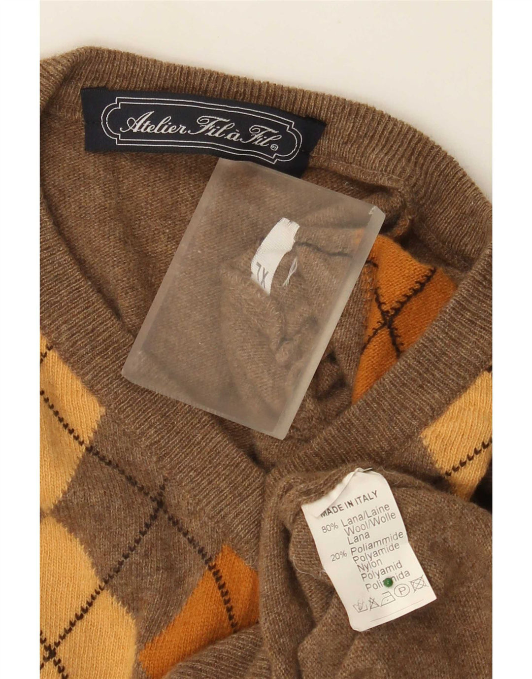 vintage Homme Col V Pull Pull XL Marron Argyle/Diamond Laine