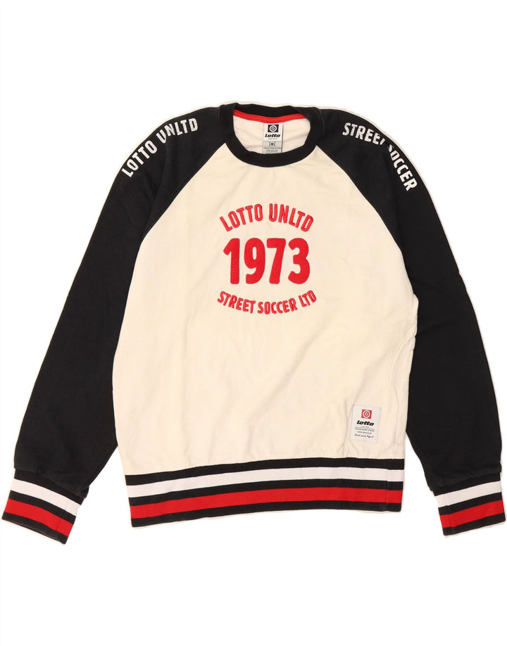 LOTTO Mens Graphic Sweatshirt Jumper Medium White Colourblock Cotton Vintage Lotto and Second-Hand Lotto from Messina Hembry 