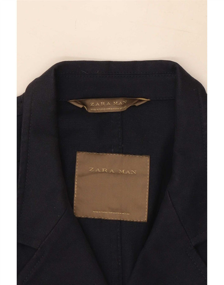 Zara Veste Blazer Double Boutonnage Homme UK 38 Bleu Marine Moyen Coton