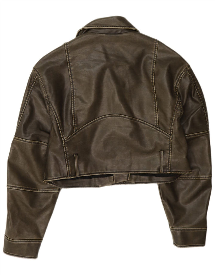 Zara Veste de motard courte en similicuir pour femme UK 14 Kaki moyen Polyester
