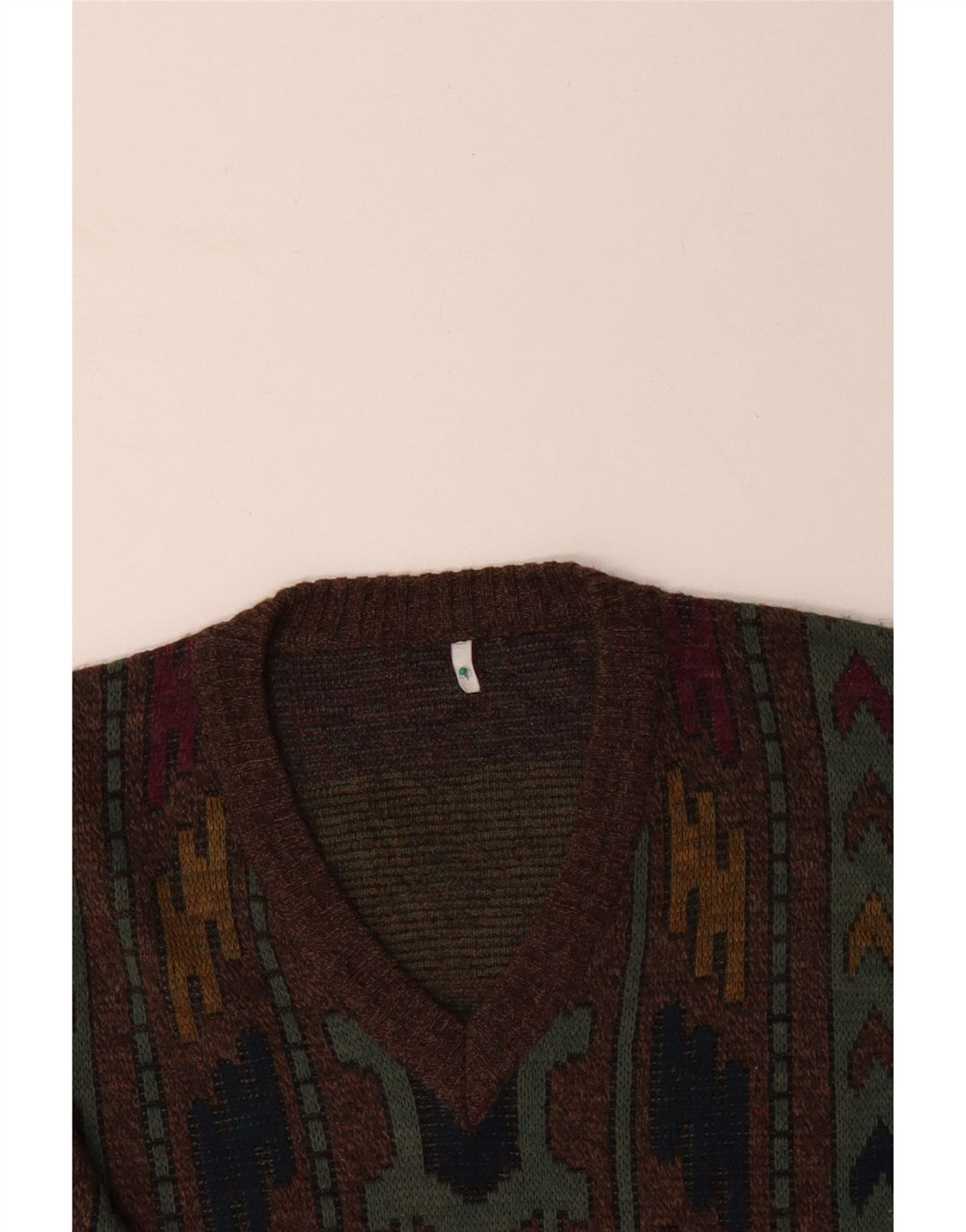 VINTAGE Pull col V pour homme IT 50 Marron moyen géométrique