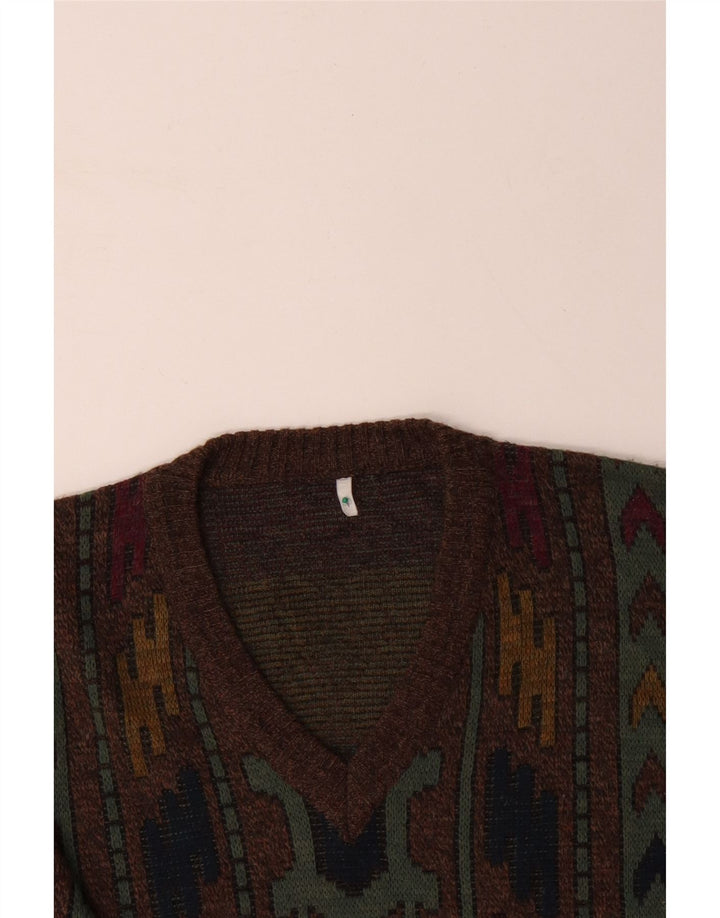 VINTAGE Pull col V pour homme IT 50 Marron moyen géométrique