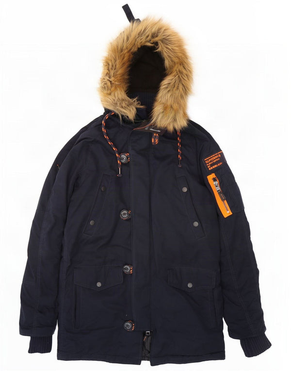 Superdry Hommes The Windparka Veste Parka À Capuche UK 36 Petit Bleu Marine