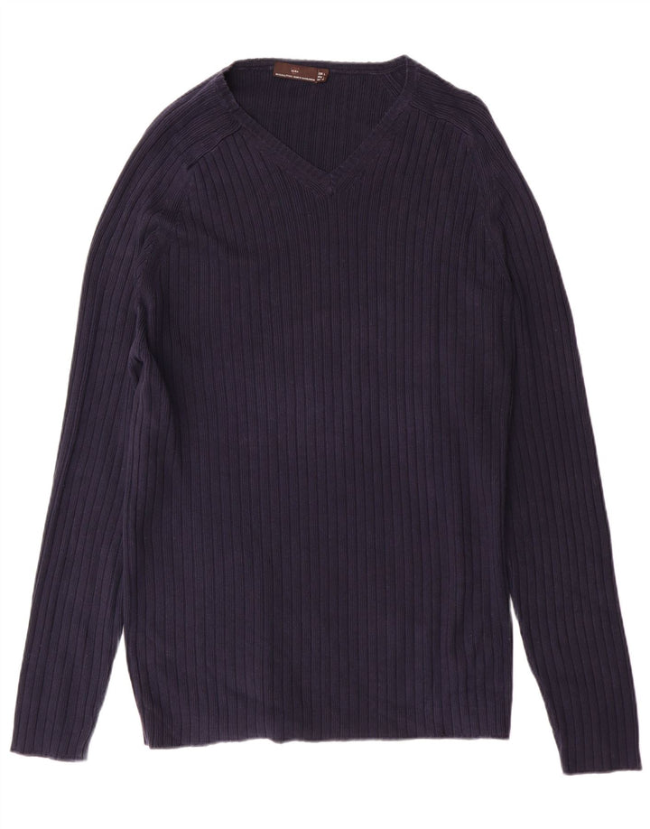 Zara Pull col V pour homme en coton bleu marine Taille L