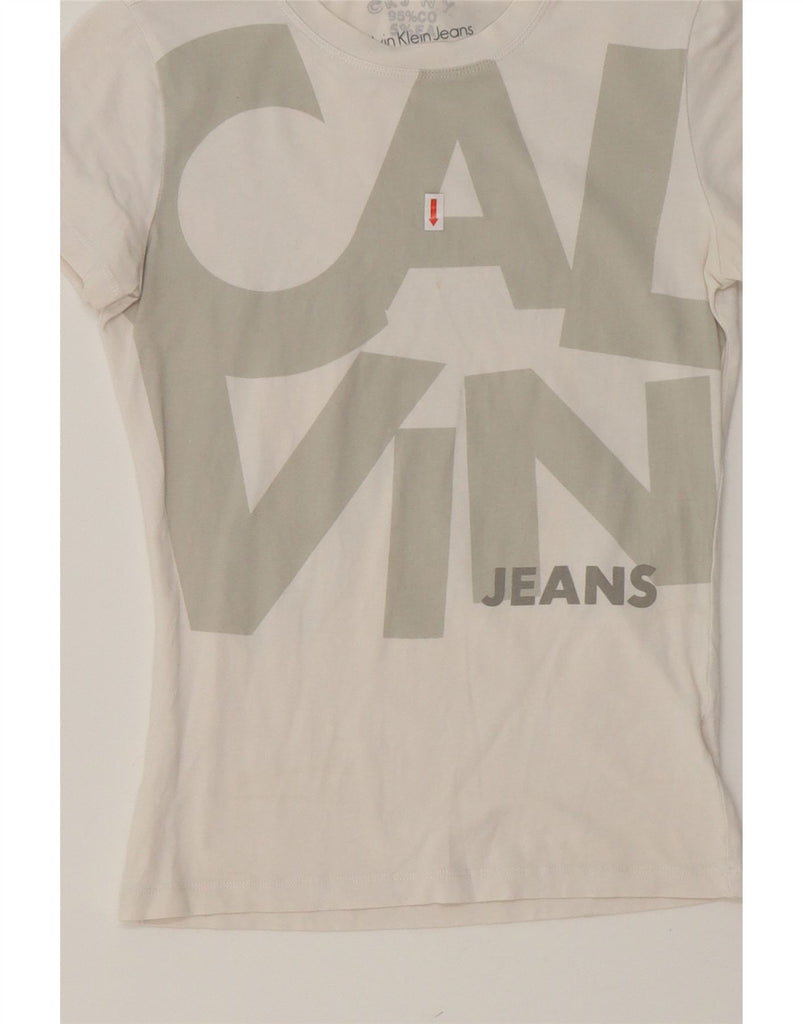 CALVIN KLEIN Girls Graphic T-Shirt Top 11-12 Years Small  White Vintage Calvin Klein and Second-Hand Calvin Klein from Messina Hembry 