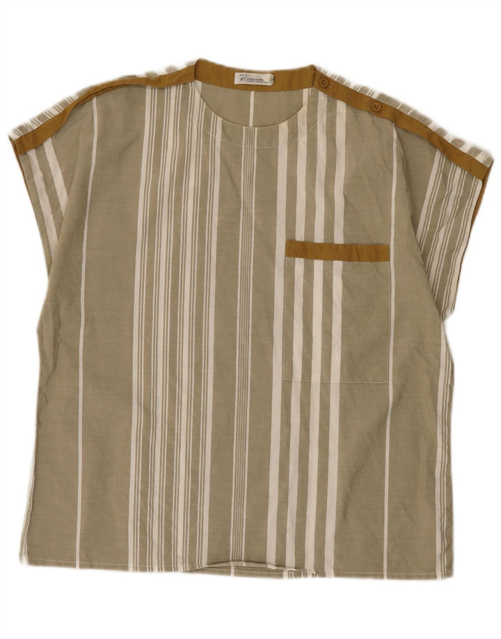 vintage Femme Blouse Top EU 40 Moyen Kaki Rayé Coton