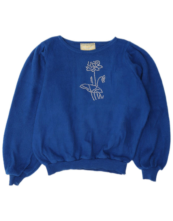 vintage Femmes Bateau Cou Jumper Pull UK 16 Grand Bleu Floral