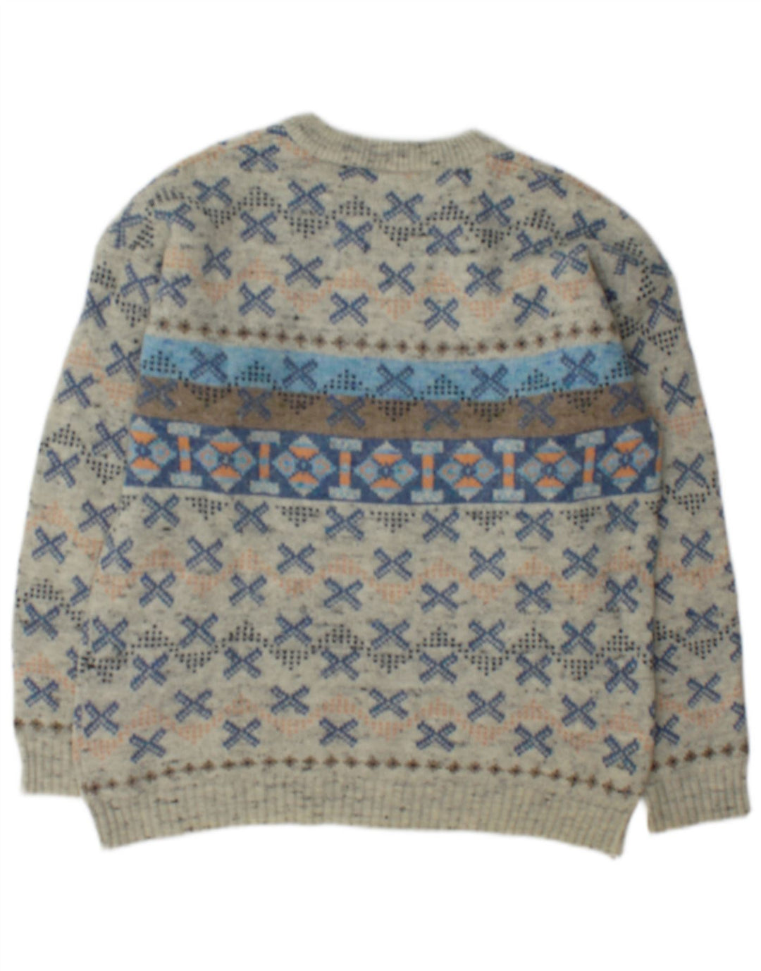 vintage Mens Boat Neck Jumper Pull Moyen Gris Géométrique Laine