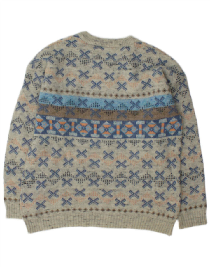 vintage Mens Boat Neck Jumper Pull Moyen Gris Géométrique Laine