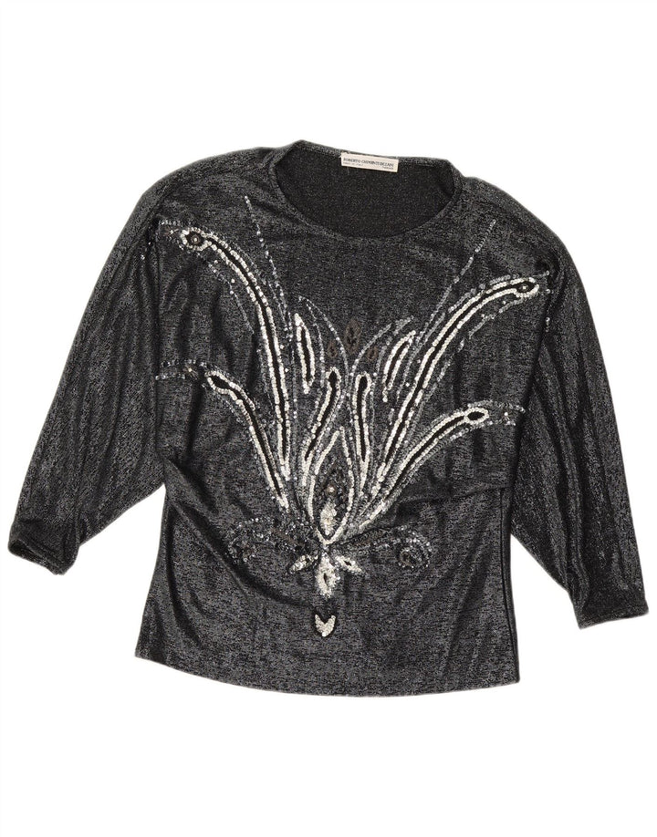 VINTAGE Chemisier à manches longues pour femme IT 42 Viscose florale noire moyenne