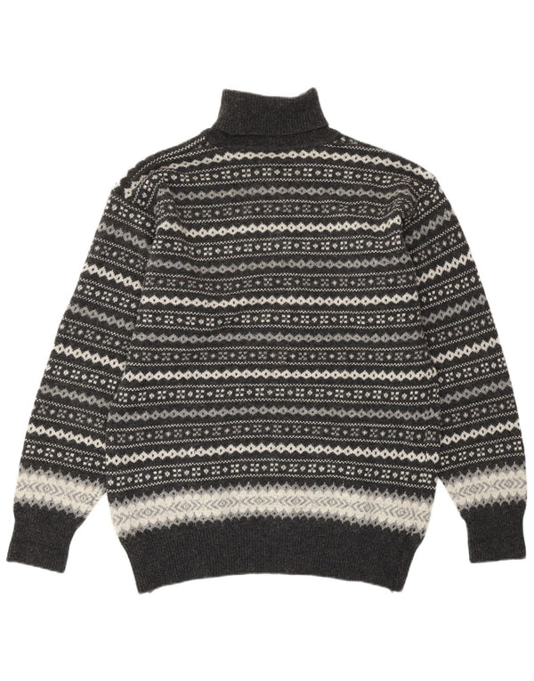 VINTAGE Femme Roll Neck Jumper Pull UK 16 Grande Gris Fair Isle Wool