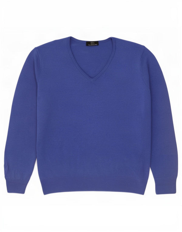 Marks & Spencer Pull col en V pour femme UK 12 Bleu moyen Laine mérinos