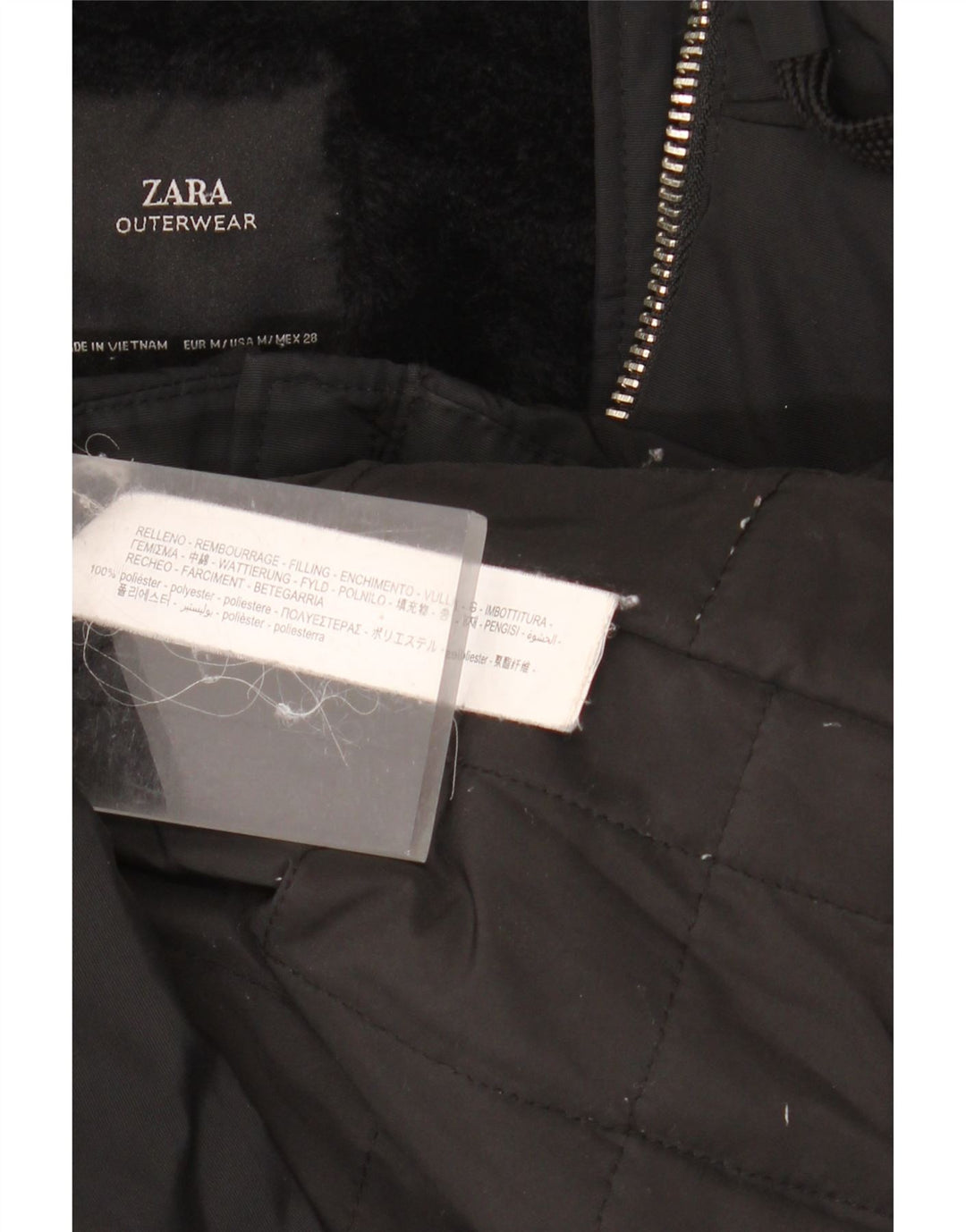 ZARA Manteau coupe-vent à capuche Sherpa pour femme UK 14 Polyester noir moyen