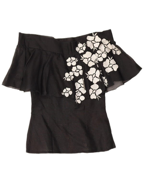 vintage Femmes Hors Épaule Top UK 10 Petit Noir Floral