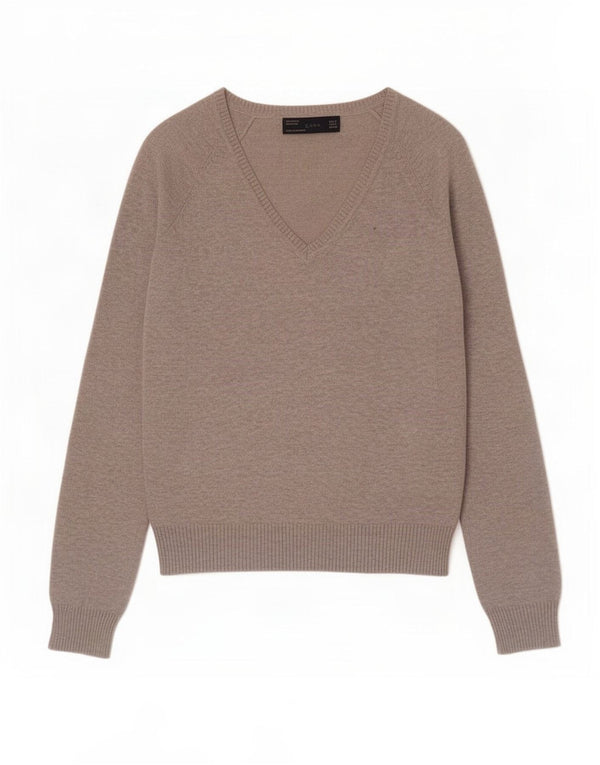 Zara Pull col en V pour femme UK 10 Petit coton moucheté gris