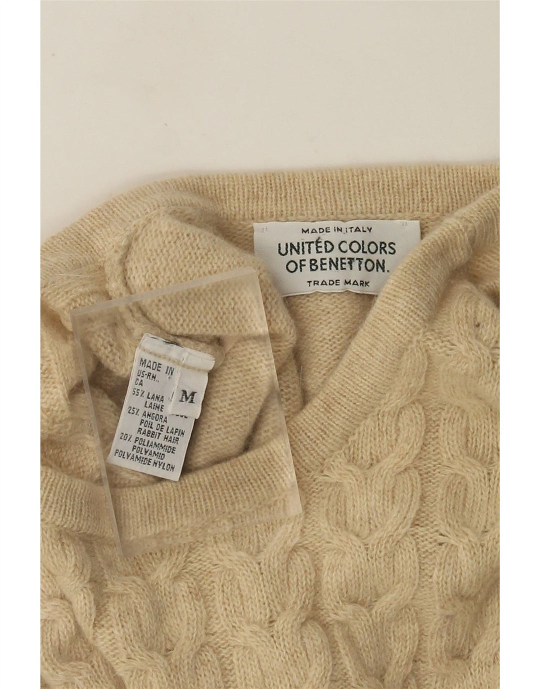 Benetton Pull à col rond pour femme UK 14 Laine beige moyen