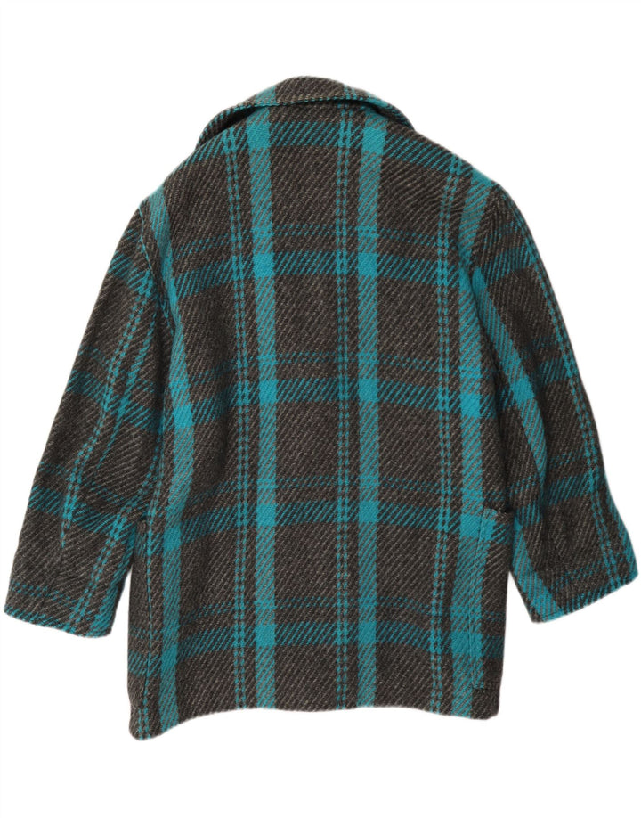 vintage Femme Double Breasted Coat UK 12 Moyen Turquoise Plaid Laine