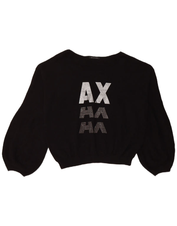 Armani Womens Crop Graphic Sweatshirt Jumper UK 18 XL Coton Noir