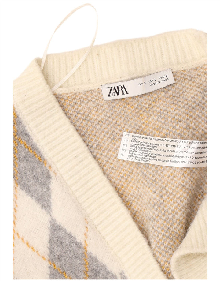 Zara Cardigan surdimensionné pour femme UK 10 Petit blanc cassé Argyle/Diamant