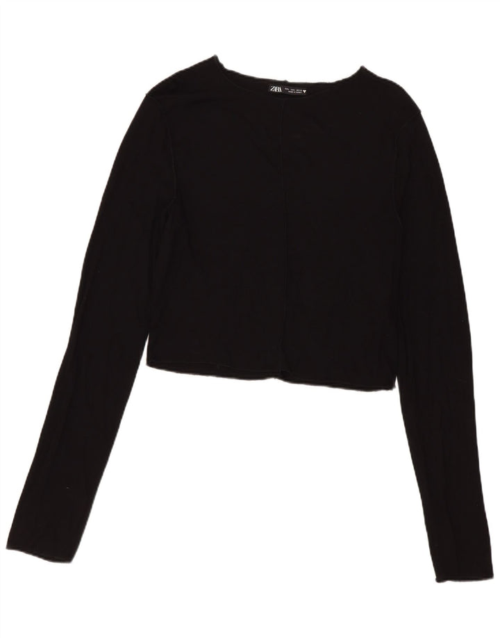 Zara Womens Crop Top Manches Longues UK 14 Large Noir Viscose