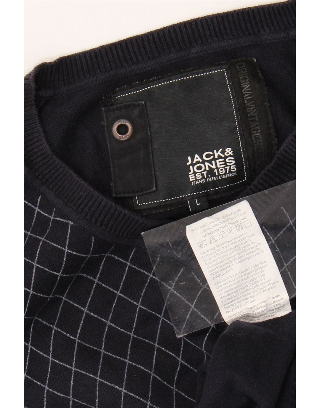 JACK & JONES Mens V-Neck Jumper Sweater Large Navy Blue Check Cotton