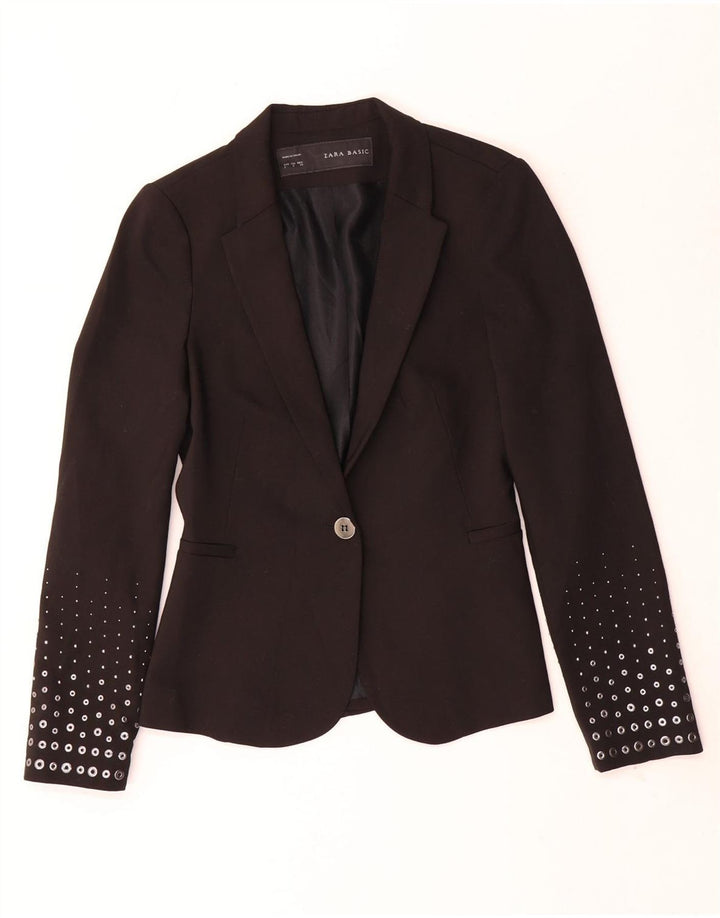 ZARA Femme 1 Bouton Blazer Veste UK 10 Petit Noir Polyester