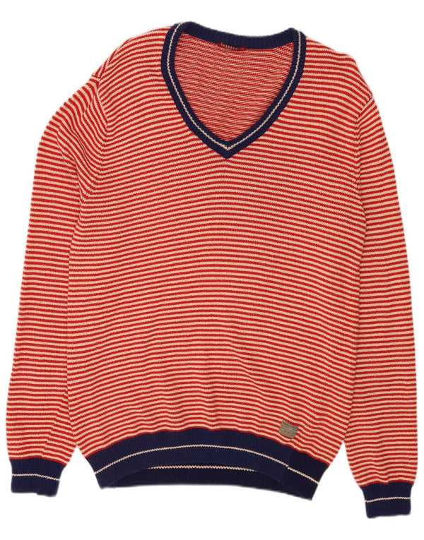 Carrera Homme Col V Pull XL Rouge Rayé Coton